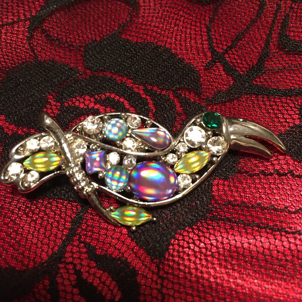 Silver and colorful bird brooch